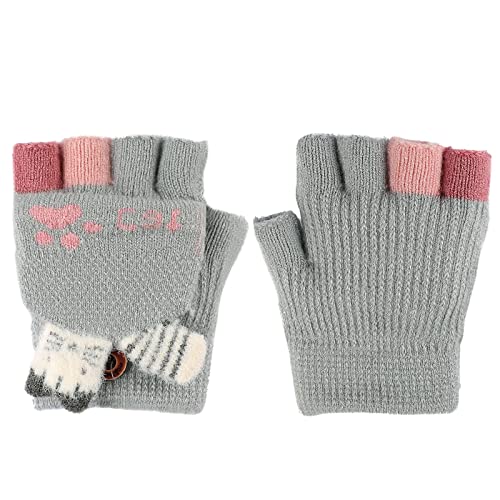 BXT Kids Convertible Fingerless Gloves, Cute Animals Winter Warm Knitted Glove with Mitten Cover Cover(Gray Cat)3