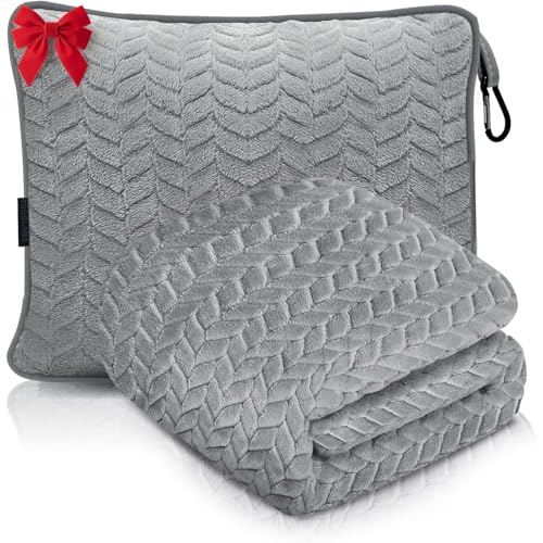 Proglobe Weiche & Warme Reisedecke für Flugzeug & Auto - Unentbehrlich für Lange Flüge für Frauen, Männer, Kinder - Kompaktes Kissen mit Gepäckhülle & Rucksackclip, Grau