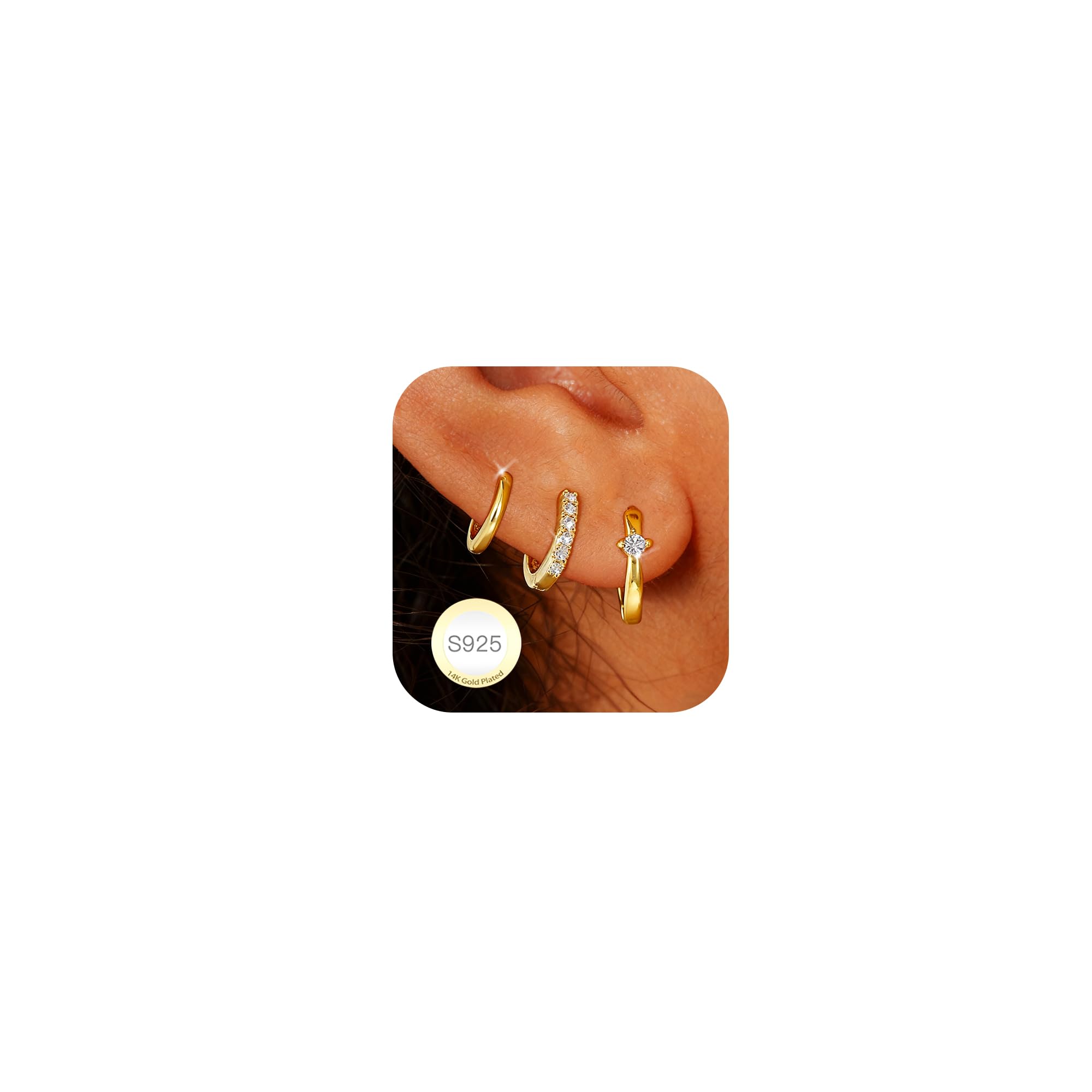 Rajputana 3 Paia Orecchini Donna Argento Orecchini Anallergici Donna Oro Small Silver Huggie Hoop Earring Set Orecchino a Cerchio Piccoli per Fori Multipli
