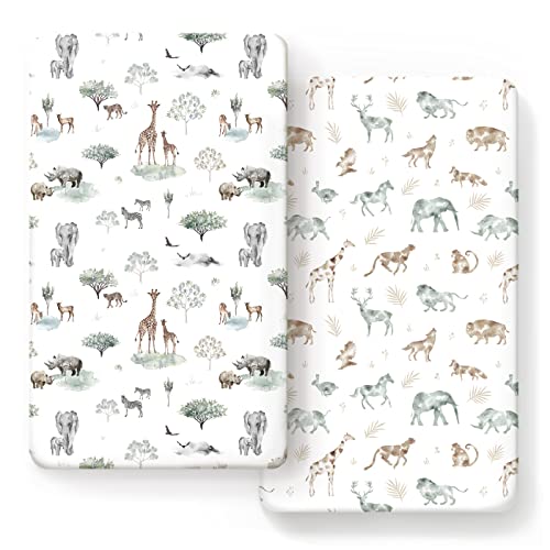 Image of Stretch Ultra Soft Jersey Knit Fitted Crib Sheets Set 2 Pack,Fit All Standard Crib Mattress Pads Safe and Snug, Crib Fitted Sheet for Baby, Stylish African Savannah Animals Pattern