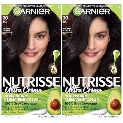Garnier Nutrisse Ultra Crème Hair Color, Permanent Hair Dye with 100% Gray Coverage, Vegan & Cruelty-Free, 20 Soft Black (Black Tea), 2 Count