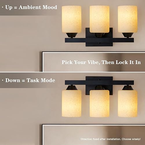 Miniatura 5 de MODIVO - Lámpara de tocador de baño de 3 luces, modernas luces negras con pantallas de vidrio blanco, lámpara de pared de baño para espejo, sala de