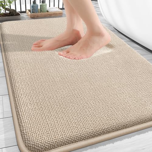 OLANLY Thick Memory Foam Bath Mat Rug 30x20, Extra Soft Absorbent Bathroom Rug, Quick Dry Bath Mats, Non-Slip, Machine Washable Carpet for Bathroom, Tub and Shower, Home Decor Accessories, Beige