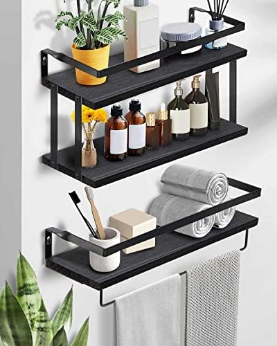 Trongle 3 Tier Black Rustic Wood Floating Shelves, Black Bathroom Shelves, Kitchen Floating Shelves, Floating Book Shelves for Wall, Suitable for Bathroom, Kitchen, Bedroom with Towel Rail