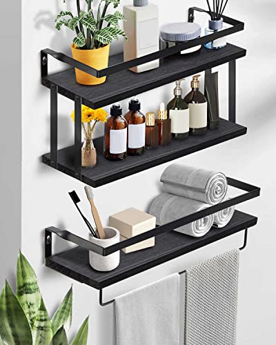 Trongle 3 Tier Black Rustic Wood Floating Shelves, Black Bathroom Shelves, Kitchen Floating Shelves, Floating Book Shelves For Wall, Suitable For Bathroom, Kitchen, Bedroom With Towel Rail #TOP3