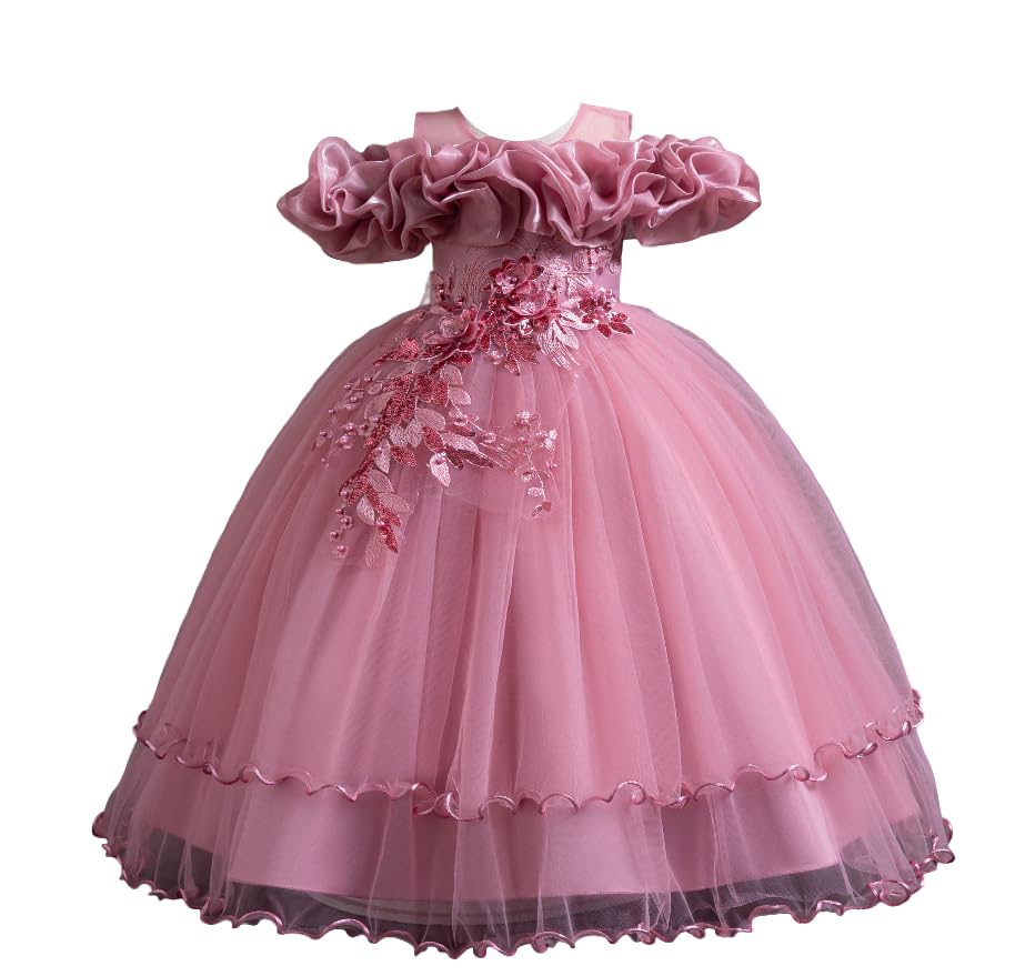 Flower Girl's Long Dress Kids Lace Princess Puff Dress Wedding Birthday Party Dress 3390