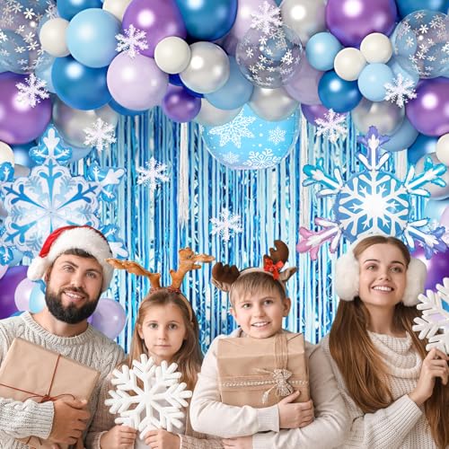 Image of Ouddy Life 167Pcs Frozenn Balloons Arch Kit, Winter Wonderland Party Decor | Fringe Curtain Pearlescent Metallic Blue Purple Silver White Snowflake Balloon for Princess Girl Decorations Supplies
