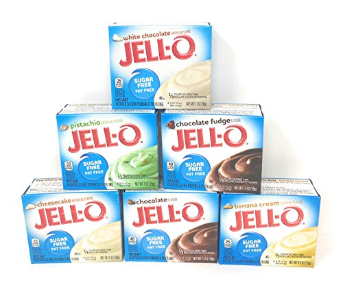Jell-O Sugar Free Fat Free Pudding & Pie Filling Bundle of Six: Chocolate Banana Cream White Chocolate Cheesecake Pistachio and Chocolate Fudge (6 Boxes About 1 Ounces Each)