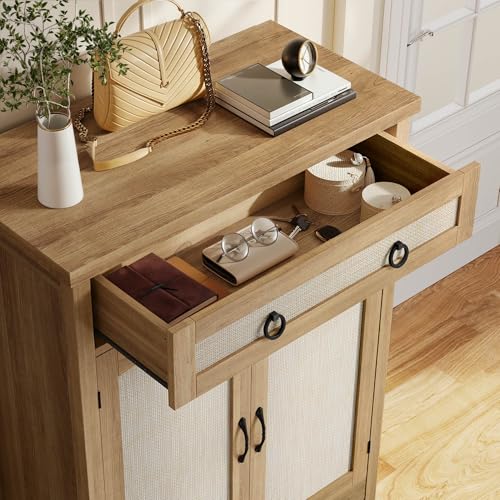 DWVO 5-Tier Rattan Shoe Storage Cabinet, Farmhouse Shoes Rack Cabinet with Adjustable Shelf, 43" Tall Wood Shoe Organizer with Drawer & Doors for Entryway Hallway Living Room Closet (Oak)