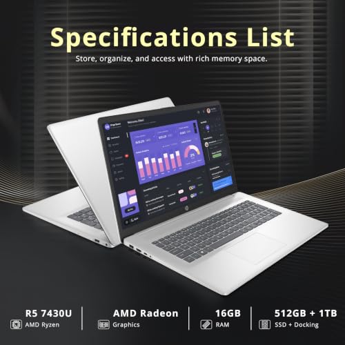 Image of HP 17.3 inch Diagonal FHD Laptop, AMD Ryzen 5 7430U, 16GB DDR4, 1.5TB Storage(512GB SSD+1TB Docking Station), AMD Radeon Graphics, Numeric keypad, 720p HD Camera, Win 11 Pro, Silver