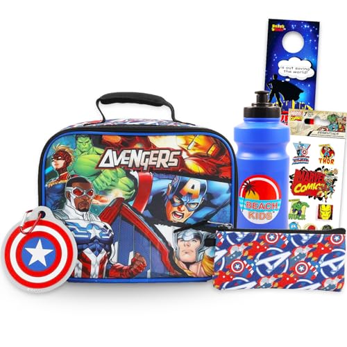 Marvel Avengers Lunch Box for Boys Set - Bundle Lunch Bag, Keychain, Water Bottle, Stickers, More Avengers Meal Container Kit for Kids