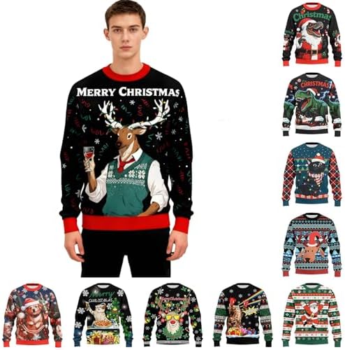 Ugly Christmas Sweater Men Crewneck Sweaters Novelty 3D Graphic Elk Dog Long Sleeve Sweatshirt Shirt Christmas Party Cosplay