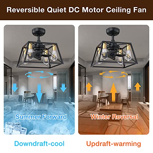 Bdl Enclosed Ceiling Fan Caged Square Adjustable Wind 3 Speeds Timing Remote Control Retro Industrial Metal Flush Replaceable Bulbs Low Profile Bedroom Living Room (Metal Black) #TOP3
