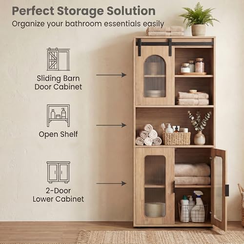 Image of Tangkula 59 inch Tall Bathroom Floor Cabinet, Freestanding Storage Cabinet with Sliding Barn Door & Open Shelves, Farmhouse Bathroom Storage for Kitchen, Living Room, Dining Room (Natural, 59 inch H)
