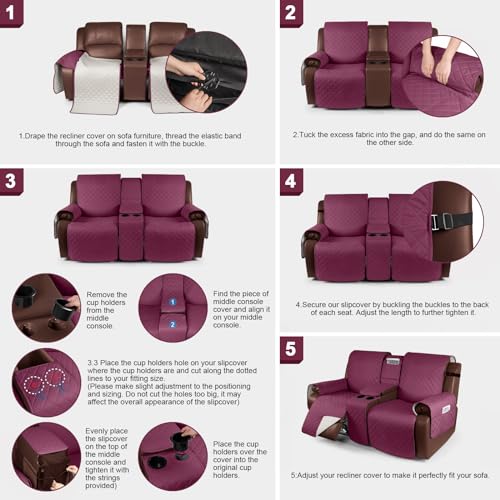 Image of KinCam 100% Waterproof Recliner Loveseat Cover with Console, Non-slip Reclining Couch Covers for 2 Seat, Recliner Sofa Cover Furniture Protector with Elastic Straps for Kids, Pets, Burgundy
