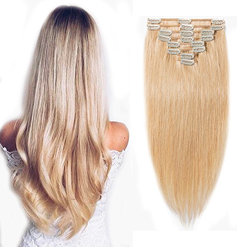 #24 Natural Blonde Clip in 100% Remy Human Hair Extensions 10"-24" Grade 7A Quality Full Head 8pcs 18clips Long Soft Silky Straight for Women Fashion 22" / 22 inch 110g