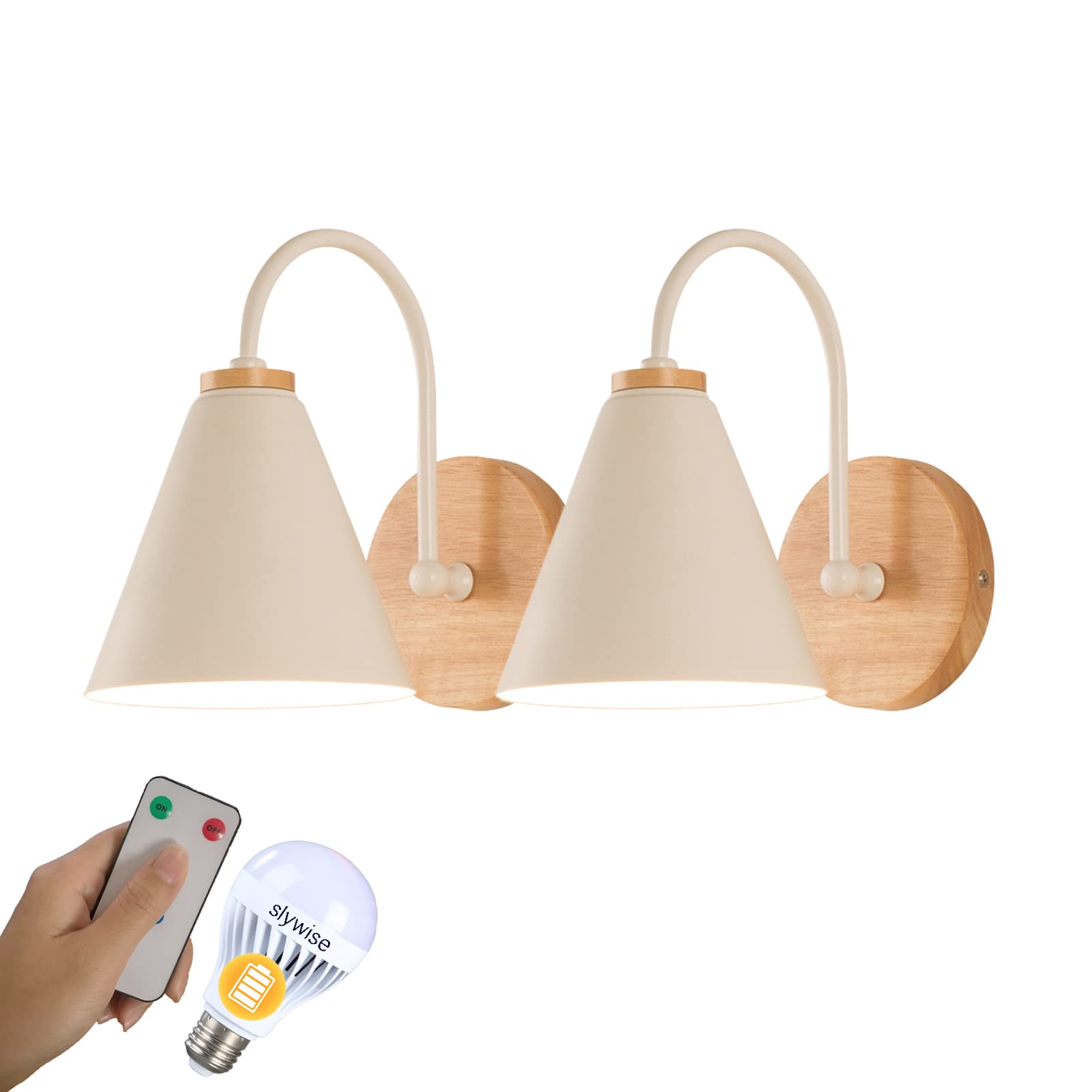 YuanlingModern Battery Operated Wall Sconce with Remote, Dimmable Wall Sconce Set Of Two, Indoor White Wireless Wall Lamp Fixture for Bedroom Wall Decor, Easy Installation, Bulb Included