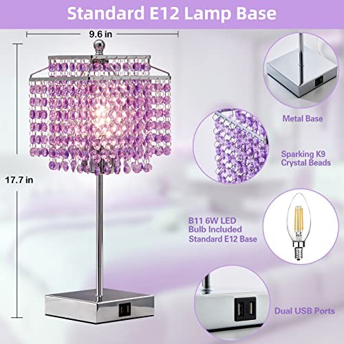 Image of Luvkczc Purple Bedside Crystal Table Lamp Set of 2, Touch Control Lamps | Dimmable Lamp with Crystal Shade for Bedroom, Girl Living Room, 6W B11 Bulb Included