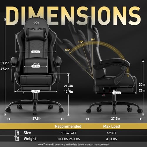 Image of HLDIRECT Gaming Chair, Ergonomic Video Game Seat with 360 Swivel & Lumbar Massage, Computer Chair PU Leather Cushion for Adults Home /Office Use (Black)
