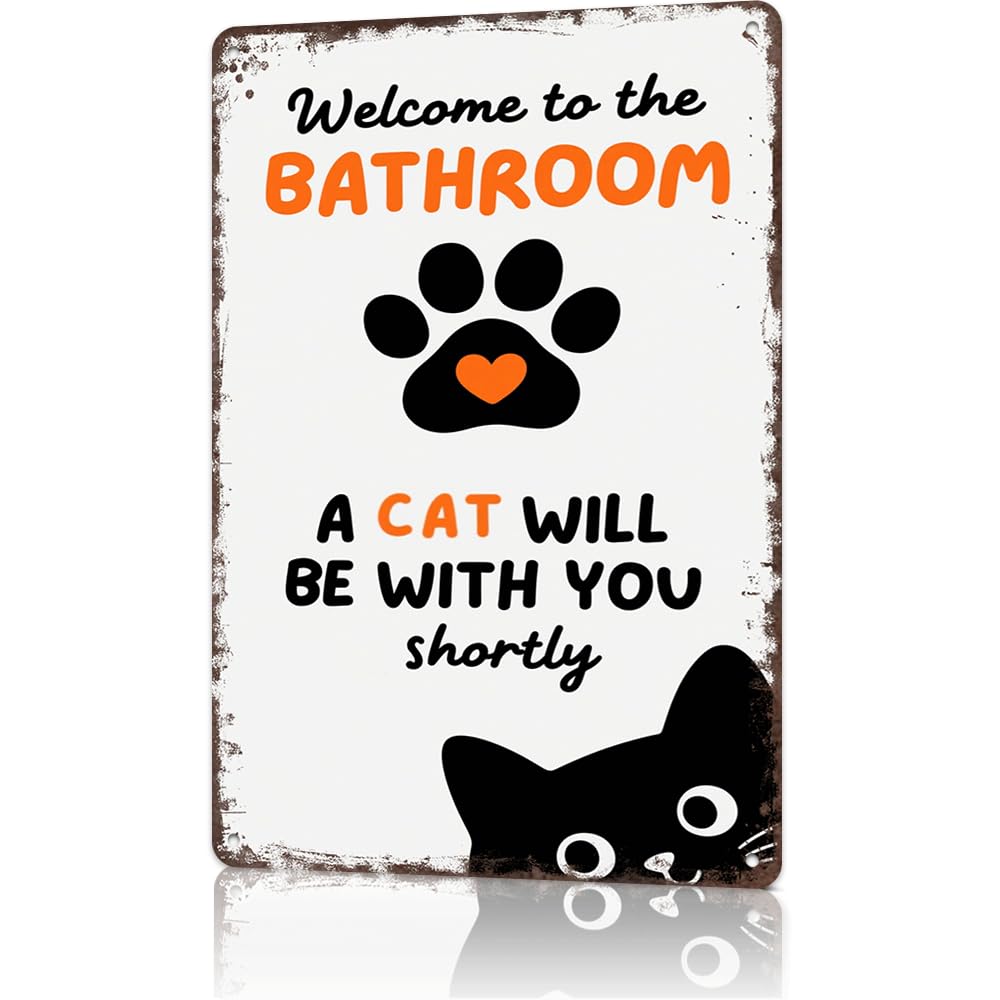 peiyeety Cat Welcome Sign - Funny Black And White Metal Tin Signs Welcome To The Bathroom A Cat Will Be With You Shortly - Retro Aluminum Wall Decor For Bathroom Accessories 8x12in