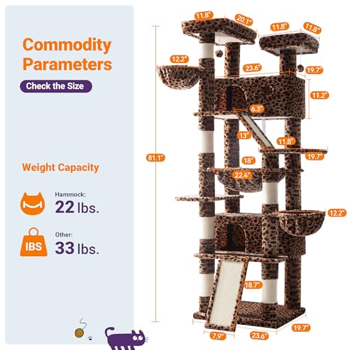 Image of Allewie 81 Inches Tall Cat Tree /Multi-Level Large Climbing Tree House and Towers for Big Feline /Condo and Hammock /Scratching Post /Wide Base /Leopard Print