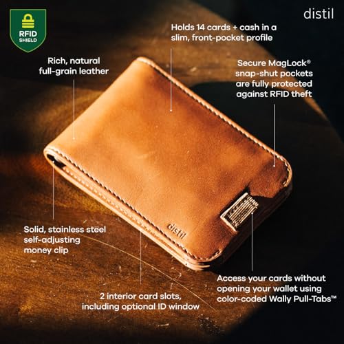Image of Distil Union Wally Bifold 5.0 Slim Bifold Wallet for Men - Minimalist RFID Leather Wallet with ID Window, Pull Tab Card Holder & Money Clip - Holds 14 Cards & 30 Bills - Brown
