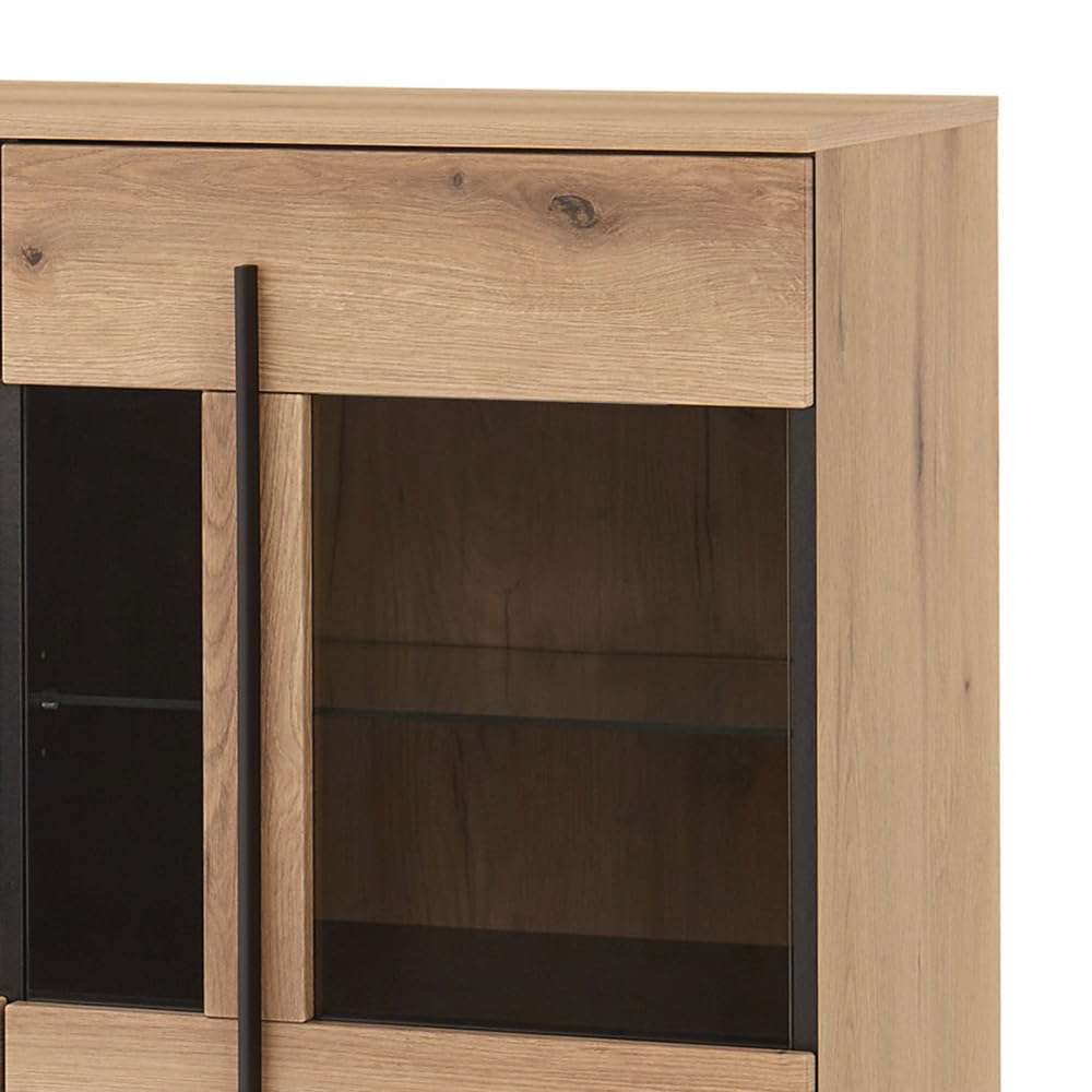 Lomadox Highboard 160 cm breit Vitrine Wohnzimmerschrank in Eiche mit 3 Glastüren & 2 Schubladen inkl. Softclose-Funktion