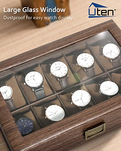 Image of Uten Watch Box 10 Slots, Watch Case Organizer with Real Glass Lid, Wood Grain PU Leather Watch Display Storage Box with Removable Imitation Suede Watch Pillows, Metal Clasp
