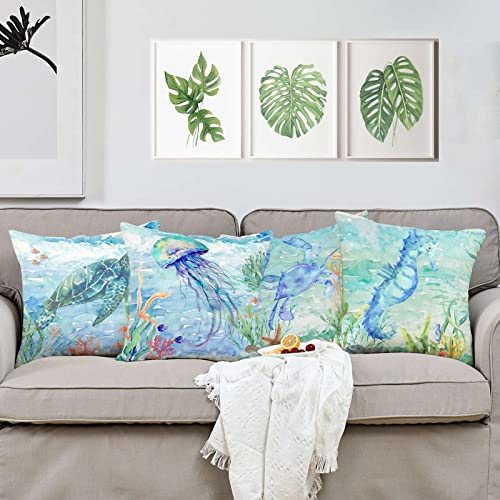 Monond PDTXCLS WANBFETUI Coastal Pillow Covers 18x18 Set of 4 Ocean Sea Decorative Throw Pillow Covers Square Polyester Cushion Case for Home Sofa Couch Decor(18 inch) - Image 3