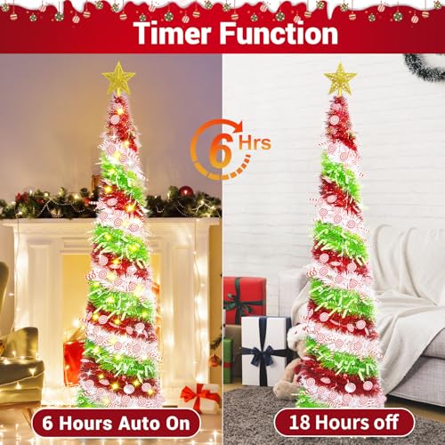 HISFFOG 5FT Pop Up Christmas Tree with 8 Rmote Lights Modes - 3 Color Sequin Tinsel Christmas Tree, Collapsible Artificial Pencil Christmas Trees Decorations for Home, Apartment, Office, Party - image 6