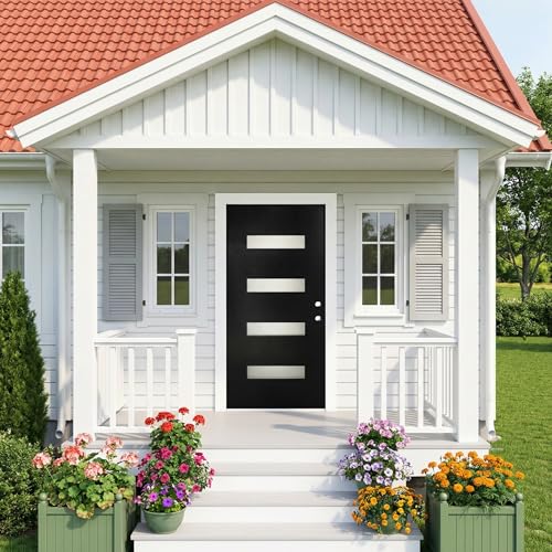 Image of Casaphoria 36 inch x 80 inch Fiberglass Entry Door Without Door Frame,Left Hand Inswing Exterior Door with Brickmould,Contemporary Wooden Grain Knock-Down Front Door for Home Entrance, Black Door Slab Only