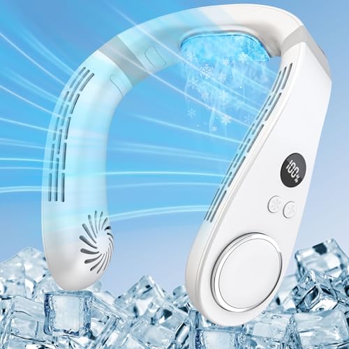 Image of Portable Neck Fan with Cooling Plate, Chargeable 5500mAh 3-15H Lasting, Personal Cooling Fan with LED Display, Wireless Hand-Free Mini Headphone Fans Festival Gifts for Kids Women Men Adults, White