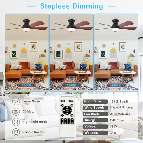 Image of Depuley Modern Ceiling Fan with Light: 42-Inch Black Small Fans for Bedroom Indoor Outdoor - Dimmable Low Profile Ceiling Fans with Remote Control Flush Mount 5 Reversible Walnut Blades 6 Speeds Timer