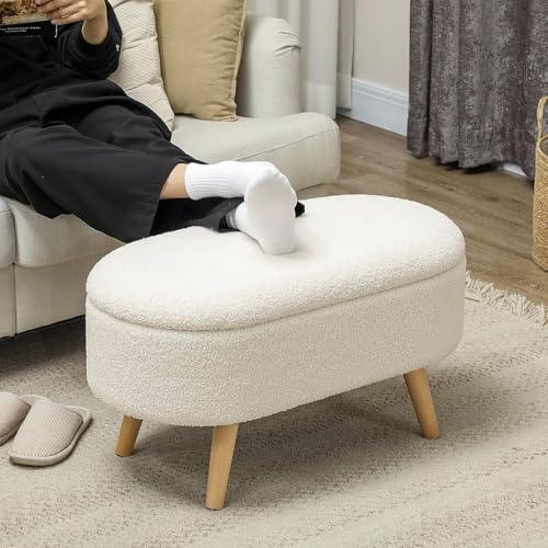 Image of Upholstered Ottoman Bench with Storage, Boucle Fabric, 39 Litre Hidden Storage, Heavy Duty 120 Kg Load Capacity, Multipurpose Seating for Living Room & Bedroom, Off White