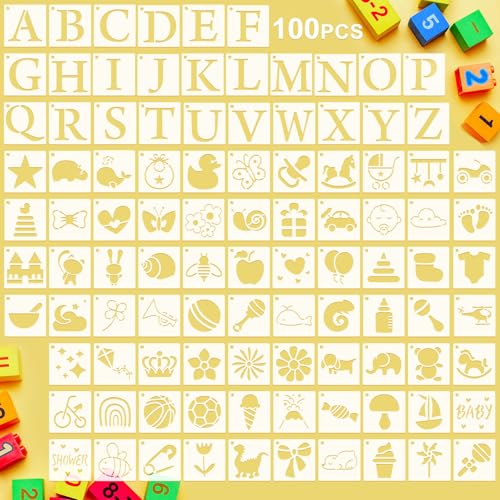 Fainne 100 Pcs Small Stencils for Crafts 1.5 Inch Reusable Painting Stencils Painting Crafts Templates for Wood Wall Home Decor Canvas Fabric(Letter Baby Shower)