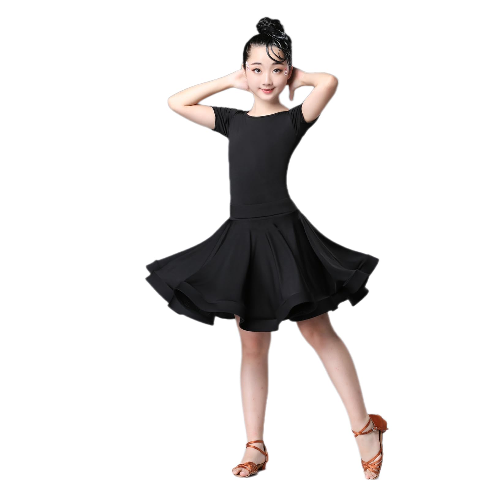 HWBZSZYKids Girls Short Sleeve Latin Dance Dress Leotard Elastic Waist Ruffle Skirt Samba Tango One Piece Children Dancewear Performance Ballroom Dancing Costume
