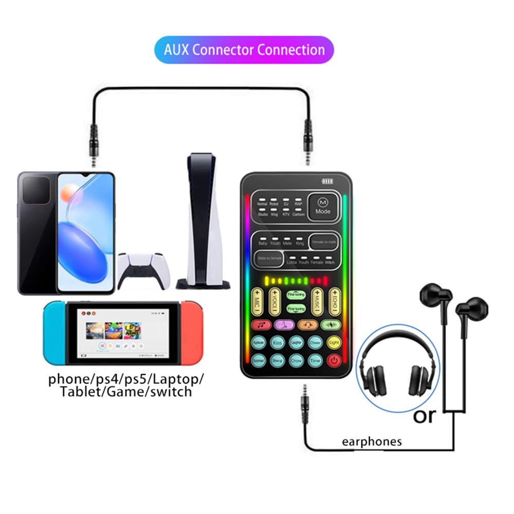 Máquina de efectos de sonido, cambiador de voz portátil con 8 efectos de sonido, luz colorida, mini transmisión en vivo, micrófono de mano, máquina de efectos de sonido para teléfono