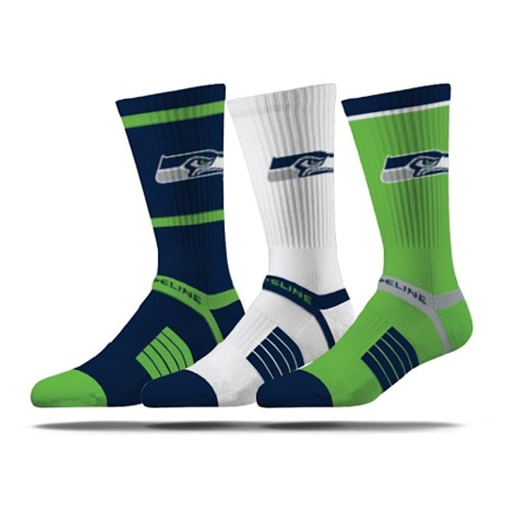 Strideline NFL Seattle Seahawks Socken Strümpfe Premium Crew 3er Pack Socks Geschenkbox M/L (40-46)