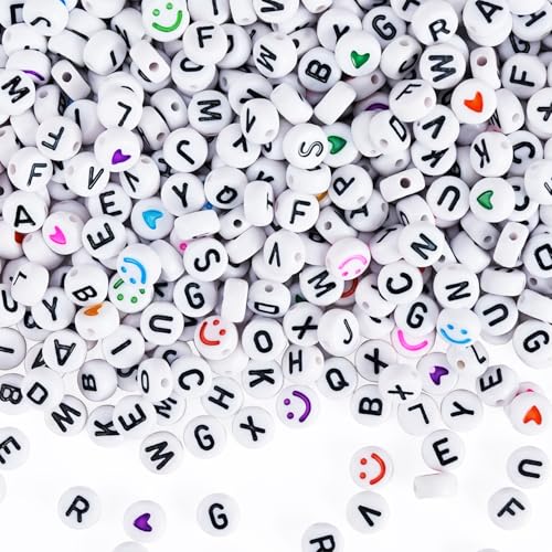 Gionlion 1200+Pcs Letter Beads for Bracelet Making Round Alphabet Beads for Jewelry Making with Colorful Smile and Heart Beads DIY Friendship Bracelets with 4x7mm White Beads with Black Letters