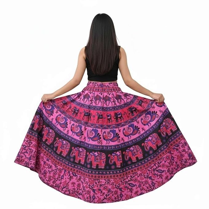 Image of HARSHITA-Enterprises Jaipuri Women's Cotton Printed Elastic Long Skirts