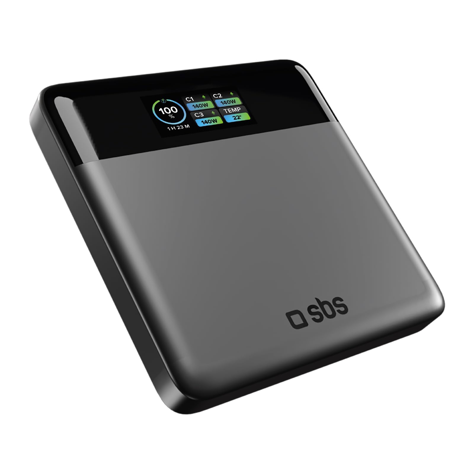 SBS Pulse PowerBank Lite 100W, 20000mAh, Power Delivery (PD 3.0 PPS) | AFC, Power Bank con Ricarica Rapida, Display LCD AI, USB-C, USB-A, Caricabatterie Portatile da Viaggio, Design Slim, Grigio