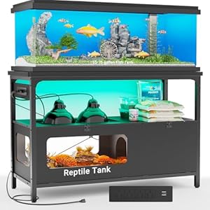 55 Gallon Fish Tank Stand with LED Light, 75 Gallon Aquarium Stand with Outlet and Storage Reptile Tank with Lockable Door and Ventilation Mesh, Tortoise Habitat with Observable Screen, Black