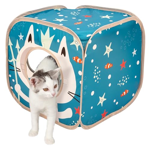Image of Kitty City Ocean-Themed Cat Play Furniture Set, Collapsible Pop-Up Cat Toys Combo with Cube, Tunnel & House, Indoor Kitty Playground for Play, Hiding & Lounging