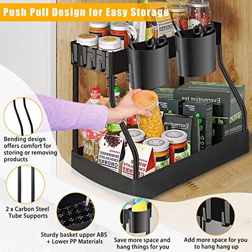 YIFOV Under Sink Storage Shelf 2 Tier Kitchen Storage and Organisation Storage Rack Basket with 4 Hooks and 2 Hanging Cup for Kitchen, Bathroom, Pantry, Black - Image 5