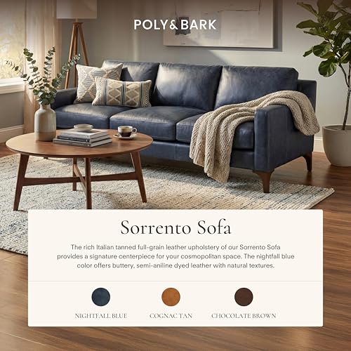 Image of Poly & Bark Sorrento Leather Couch - 86 Inch Sofa - Full-Grain Leather Sofa for Living Room with Feather Down Topper - Living Room Couch - Pure Aniline Vintage Italian Leather in Nightfall Blue