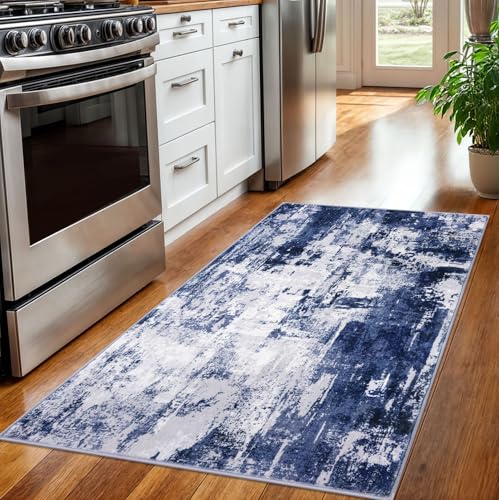 KOZYFLY Modern Abstract 3x5 Area Rug Washable Bedroom Rug Throw Entry Mat Non-Slip Stain Resistant Carpet Dining Room Rug with Soft Low Pile for Living Room Kitchen Bath Office, Navy Blue/Grey/White