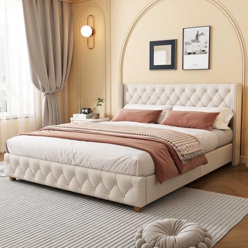 KOMHTOM Rembourré Lit Double avec Sommier à Lattes en Bois, Cadre de Lit Plateforme avec Tête de lit, Chambres à Coucher(sans Matelas) (Beige, 160 * 200cm)