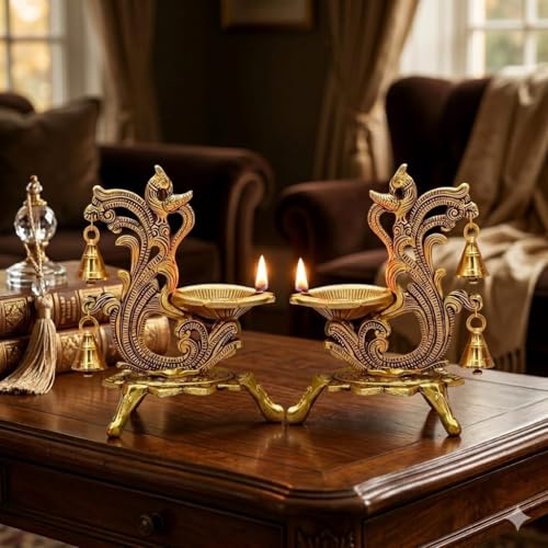 Image of Saudeep India Oxidized Metal Diya for Puja | Brass Oil Diwali Lamp in Peacock Design Perfect Gift Item | Antique Decorative Akhand Diya Home Decor Temple Pooja Room 14x9x20cm (Pair Export Quality)