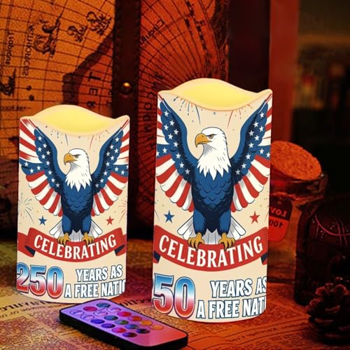 Image of A Free Nation Flickering Flameless Candles Bald Eagle LED Battery Operated Timer 250th American Anniversary Candle Warmer Lamp Celebrate 4th of July Independence Day, 4 Pack
