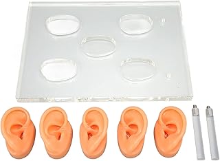 Modelo de orelha de silicone, 5 peças, modelo de orelha de silicone, detalhes claros, modelo de orelha à prova d'água, placa de exibição de acrílico com 2 colunas de suporte para hospitais otorrinolaringológicos